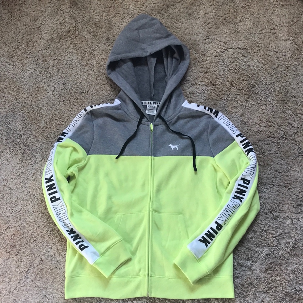 Pink Victoria’s Secret Neon Yellow Zip Hoodie L -N
